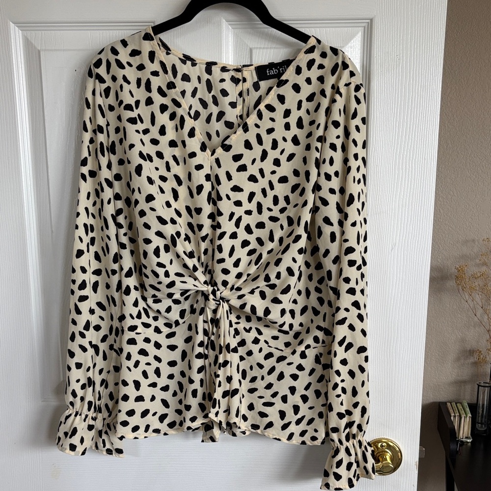 fab'rik Cream and Black Polka-Dot Tie-Front Long Sleeve Blouse size L